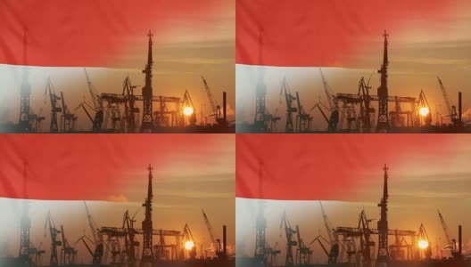 日落时印度尼西亚国旗的工业概念高清在线视频素材下载