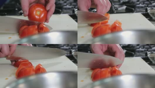用锋利的刀把番茄切成片高清在线视频素材下载
