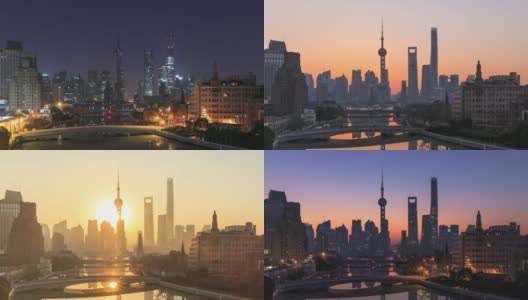 上海天际线和城市景观在日出时的4K时间间隔(从夜晚到白天)高清在线视频素材下载