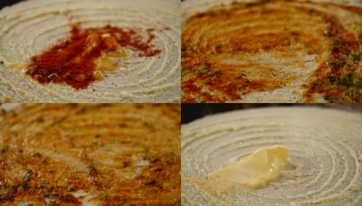 油炸印度薄饼，酥油，辣椒和香菜的特写高清在线视频素材下载