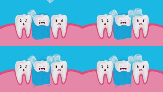 敏感牙齿。可爱的卡通牙齿角色与毛毯和冰动画。牙科保健的概念。高清在线视频素材下载