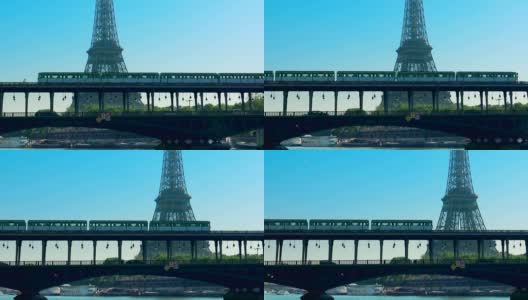 地铁列车经过伯尔-哈基姆桥和埃菲尔铁塔-巴黎-法国高清在线视频素材下载