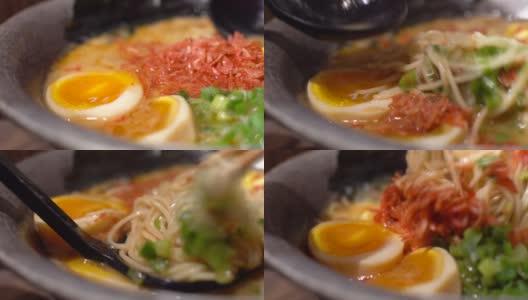 拉面水煮软蛋樱花虾日式料理面高清在线视频素材下载
