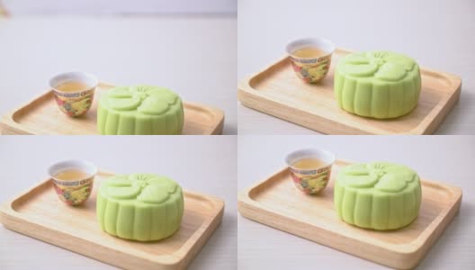 中国月饼绿茶味的木版茶高清在线视频素材下载