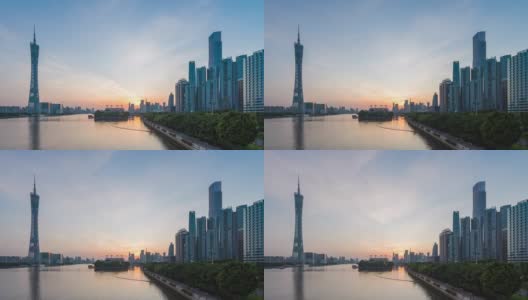 日落和黄昏时广州珠江新城天际线的延时摄影高清在线视频素材下载