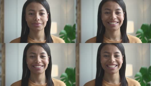 在家里的混合种族妇女的肖像Spbd. 20岁快乐的女性微笑。直发的黑人高清在线视频素材下载