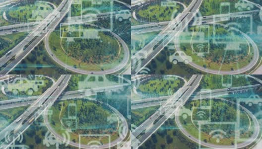 现代公路鸟瞰图和各种图表。交通和技术概念。智能交通系统。移动性即服务。高清在线视频素材下载