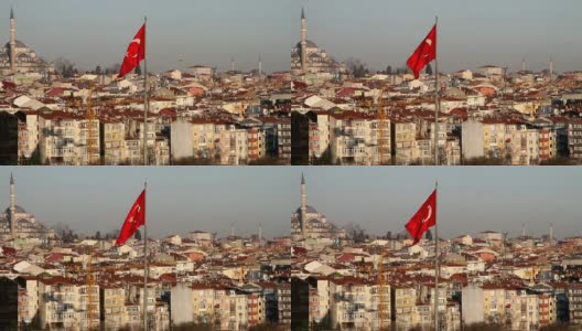 土耳其国旗和伊斯坦布尔的法提赫清真寺高清在线视频素材下载