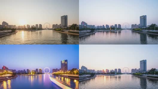 天津河边的天际线和现代建筑，黄昏到夜晚，时光流逝。高清在线视频素材下载
