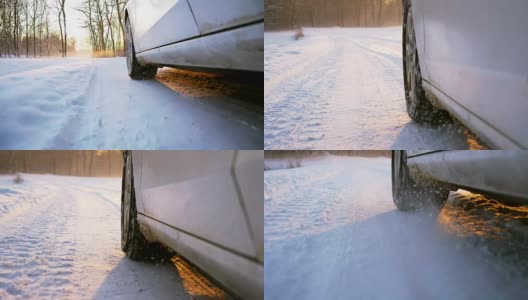 SLO MO车辆行驶在积雪的乡村道路上高清在线视频素材下载