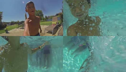 一个年轻的西班牙男孩在夏天跳进后院的游泳池高清在线视频素材下载