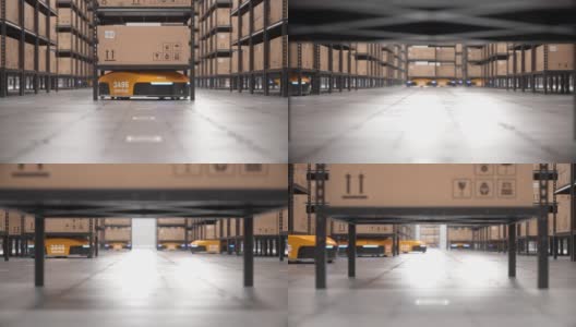 自动机器人提升货架，并将其移出自动化仓库的屏幕高清在线视频素材下载