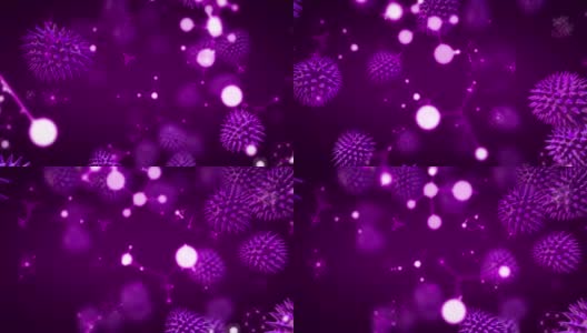 分子、化学元素和Covid-19宏观细胞漂浮在紫色背景上的动画高清在线视频素材下载