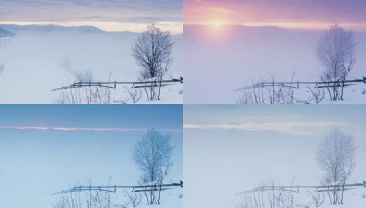 山峰上的雪被风吹走了。冬天的风景。天很冷，下着雪。高清在线视频素材下载