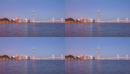 中国日落，珠海湾，澳门城著名塔海岸线全景4k时间高清在线视频素材下载