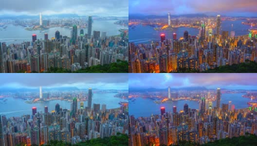 时光流逝从白天到夜晚香港天际线电影和在香港太平山顶移动的云高清在线视频素材下载