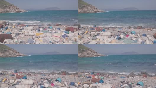 香港被塑胶及垃圾覆盖的泳滩对环境的影响。空中无人机视图高清在线视频素材下载