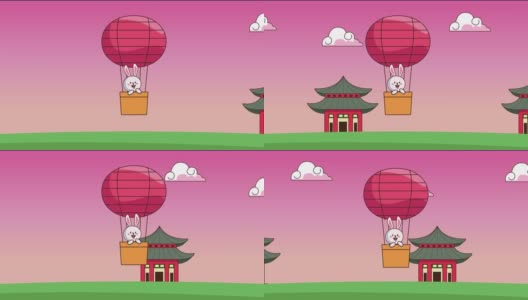 中秋动画与兔子在气球热空气和建筑高清在线视频素材下载