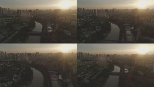清晨日出时的中国现代城市鸟瞰图高清在线视频素材下载