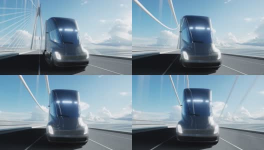 桥上未来的电动卡车的3d模型。电动汽车。现实的4 k的动画。高清在线视频素材下载