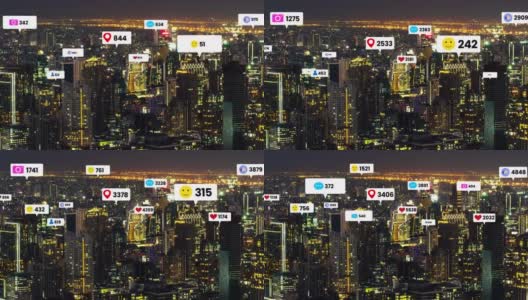 社交媒体图标飞过市中心，显示人们的参与联系高清在线视频素材下载