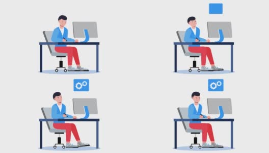 远程工作者动画在平面风格，平面设计师与电脑绘图在平板电脑上。成功的网页设计师，自由职业者在家庭办公室工作。创作过程的视频。高清在线视频素材下载