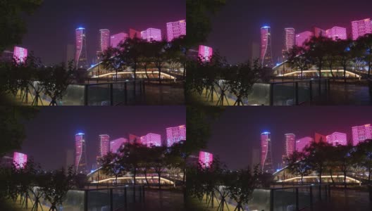 杭州市市中心夜景照明著名的大剧院公园广场全景4k中国高清在线视频素材下载