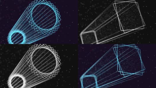 摘要发光粒子在空间中形成三维物体。平行六面体。Vj循环作为虚拟数字空间的bg。粒子形成全息影像的形状，作为大数据、网络或vr空间的概念。科幻bg高清在线视频素材下载