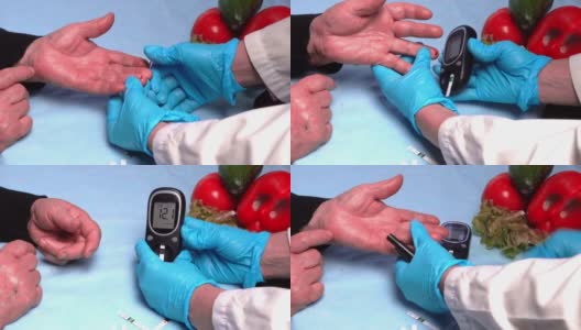 医生用针式血糖仪对糖尿病患者进行血糖测试，并检测其指尖血糖水平。糖尿病的医疗和治疗理念。高清在线视频素材下载