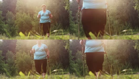 一个超重的女人在森林小径上行走。减肥和积极的生活方式主题。高清在线视频素材下载