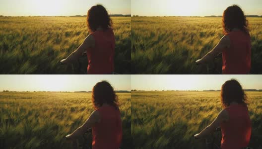 骑着自行车的女孩在麦田里高清在线视频素材下载