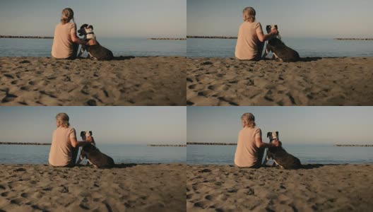 成熟的女人在沙滩上放松和宠物狗高清在线视频素材下载