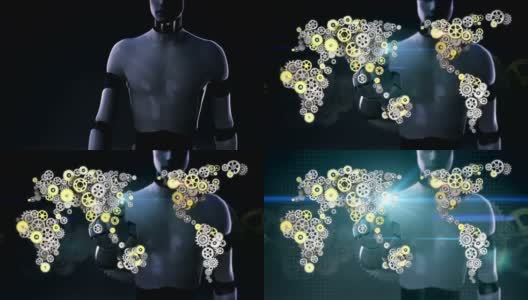 机器人，半机械人触摸屏幕，钢制金齿轮制作全球地图。人工智能。全球technology.2。高清在线视频素材下载