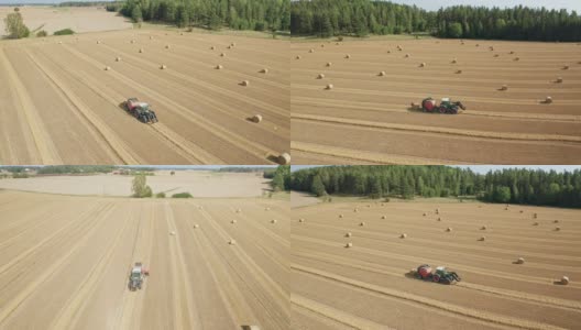 鸟瞰图的拖拉机收集干草和释放干草辊在田间高清在线视频素材下载
