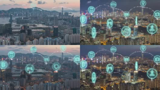 4k分辨率智慧城市和数据连接，物联网图标超过现代香港城市和通信网络，信息通信网络高清在线视频素材下载