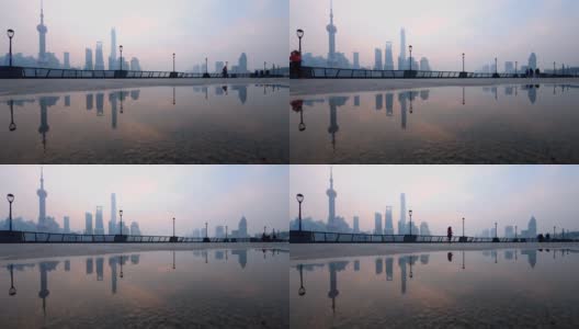 中国，早上在上海外滩跑步的人们的剪影，4k镜头，慢镜头。高清在线视频素材下载