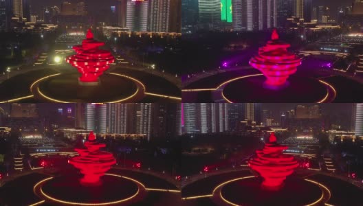 青岛市夜景时间点亮了4k中国著名纪念碑广场航拍全景高清在线视频素材下载