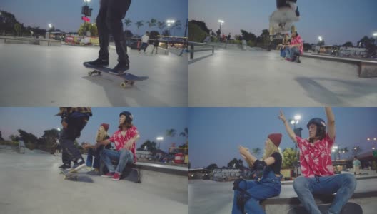 一群亚洲青少年在混凝土地板上玩滑板。高清在线视频素材下载