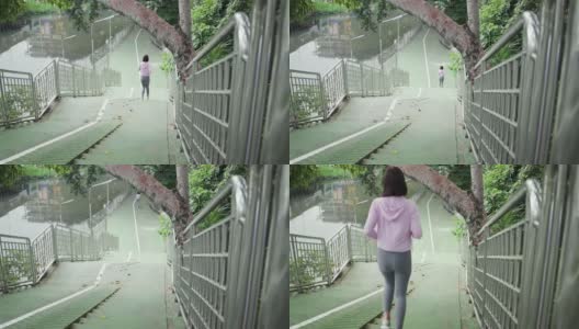 亚洲女人在楼梯上跑上跑下。人们早上慢跑锻炼高清在线视频素材下载