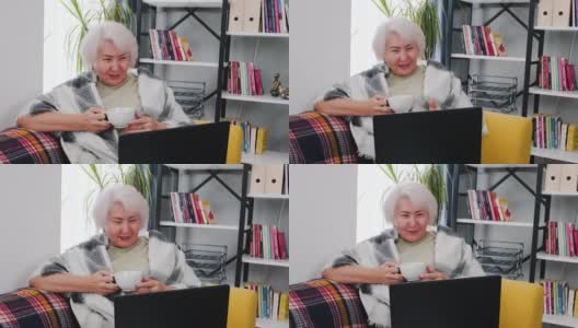 资深女性坐在家里的沙发上用笔记本电脑聊天高清在线视频素材下载