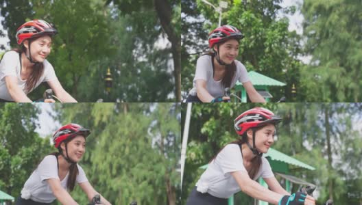 亚洲年轻美女在公园骑车养生。活跃的运动员运动女孩在运动服感觉清新和放松，通过骑自行车锻炼，在晚上的保健和健康高清在线视频素材下载