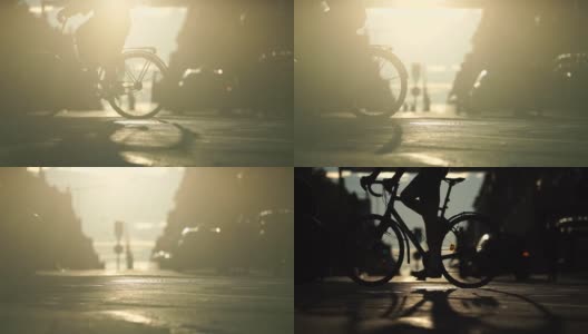 日落时城市里自行车的轮廓。替代运输和气候保护的概念高清在线视频素材下载