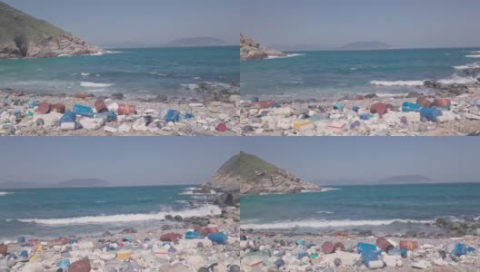 被塑胶和垃圾覆盖的海滩显示香港的气候变化问题。空中无人机视图高清在线视频素材下载