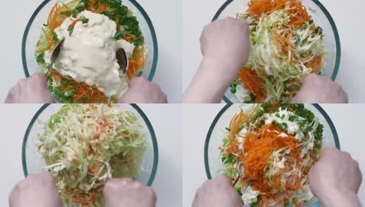 搅拌切碎的新鲜蔬菜与沙拉酱。前视图。高清在线视频素材下载