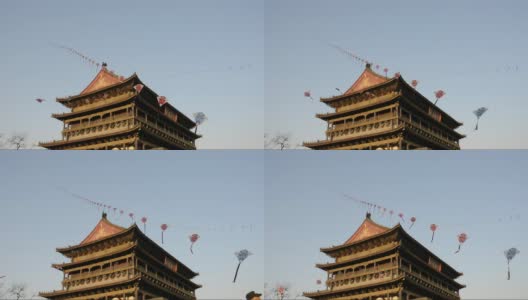 风筝在西安的鼓楼上高清在线视频素材下载