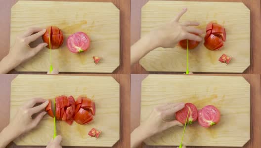 一名妇女在木板上切西红柿。从以上观点。俯视图高清在线视频素材下载