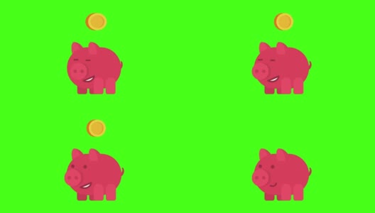小猪储蓄罐微笑着，硬币掉进了里面。绿色背景。高清在线视频素材下载