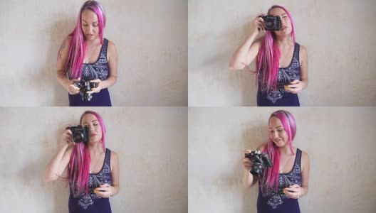 粉红色头发的女孩拍照高清在线视频素材下载