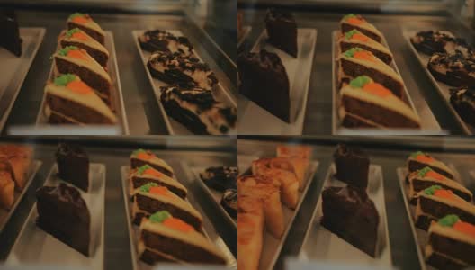 糖果展示窗口的特写与美味的甜点高清在线视频素材下载