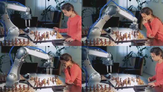 一个年轻的女孩用一个现代的自动国际象棋机器人移动棋子。4 k。高清在线视频素材下载